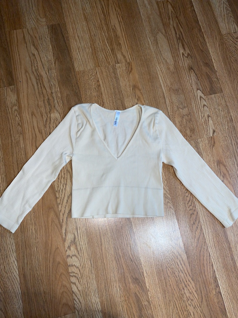 Nikibiki Ribbed V-Neck Long Sleeve Top - Cream